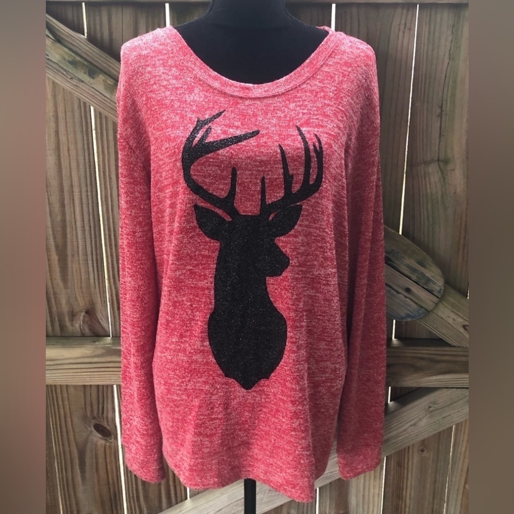 Fifth Sun Red & White Long Sleeve Sweater with Black Glitter Deer Silhouette XXL